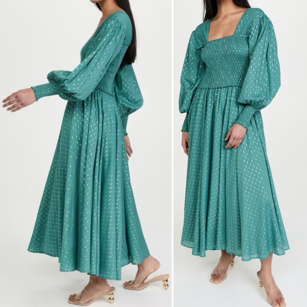 Abacaxi Eva Dress Teal Metallic Cotton Maxi Puff Sleeve Smocked Bodice Sz Large - Picture 11 of 16